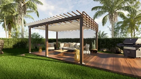 3D render of a teak wood Garden pergola side view zoom in Stock Footage 276373774