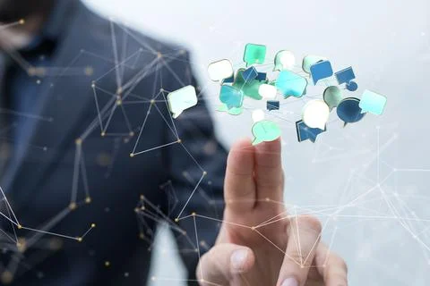 3D render of team communication and social network connection symbols on a blurr Stock Photos