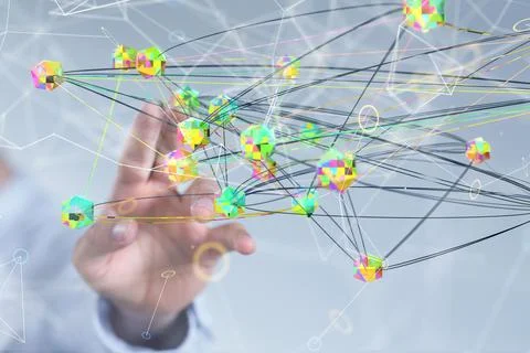 3D render of team communication and social network connection symbols on a blurr Stock Photos