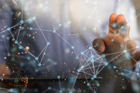 3D render of team communication and social network connection symbols on a blurr Stock Photos