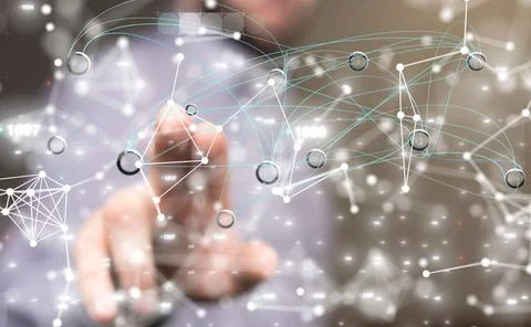 3D render of team communication and social network connection symbols on a blurr Foto stock