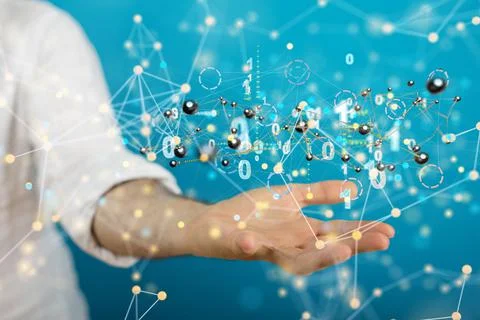 3D render of team communication and social network connection symbols on a blurr Foto stock