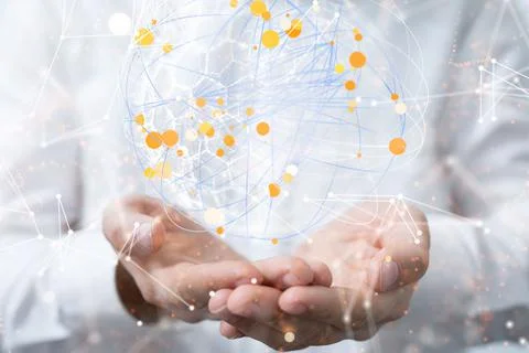 3D render of team communication and social network connection symbols on a blurr Foto stock