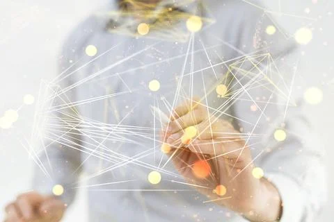 3D render of team communication and social network connection symbols on a blurr Foto stock