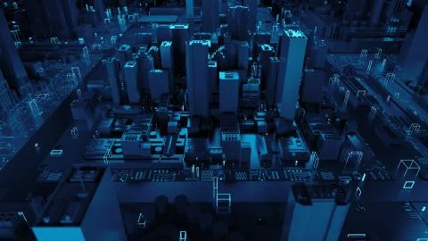 3d render of technology and city concept. Background with reflective abstract Stock Illustration