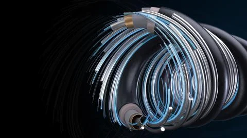 3d render technology background. Concept of fiber optic internet cable with c Stock Illustration