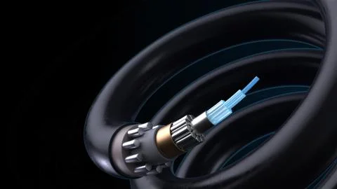 3d render technology background. Concept of fiber optic internet cable with c Stock Illustration