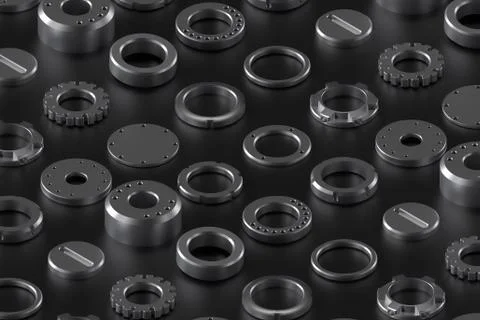 3d render technology background with different metal part laying on the refle Stock Illustration