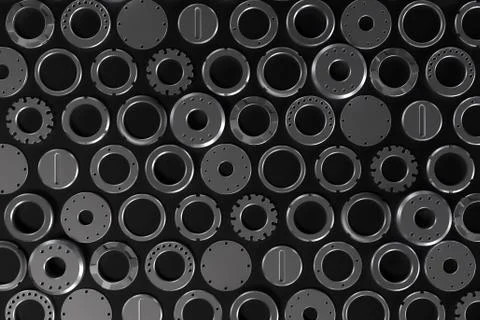 3d render technology background with different metal part laying on the refle Stock Illustration
