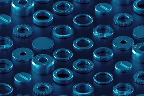 3d render technology background with different metal part laying on the refle Stock Illustration