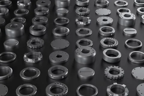 3d render technology background with different metal part laying on the refle Stock Illustration