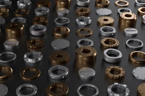 3d render technology background with different metal part laying on the refle Stock Illustration