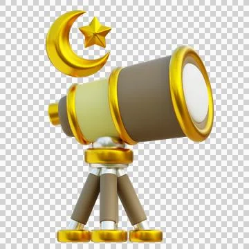 3D Render of Telescope with Crescent Moon and Star, Symbolizing Eid Celebrati Stock Illustration