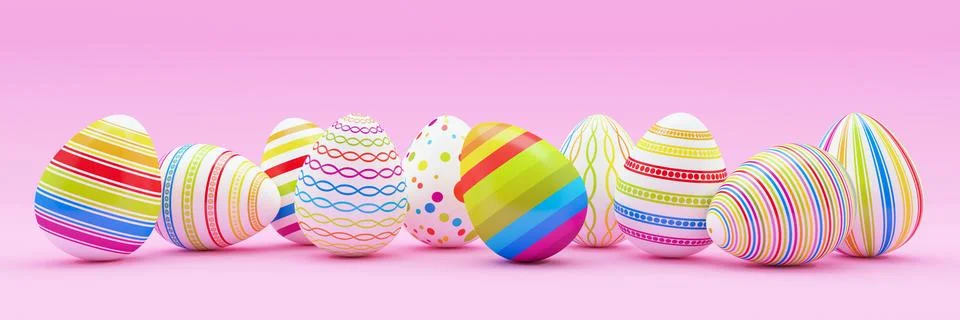 3d render - ten colorfu Easter eggs on pink background 스톡 일러스트