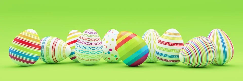 3d render - ten colorfu Easter eggs on green background Stock Illustration