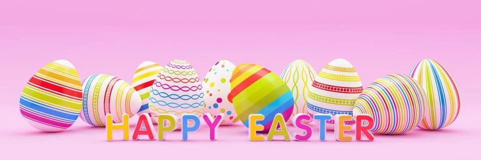 3d render - ten colorfu Easter eggs on pink background - happy easter Stock Illustration