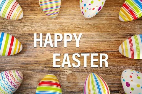 3d render - ten colorful easter egg on dark wood table Stock Illustration