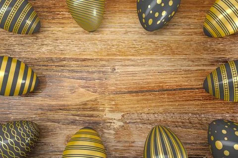 3d render - ten gold, black, painted easter eggs Stock Illustration