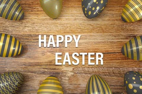 3d render - ten gold, black, painted easter eggs Stock Illustration
