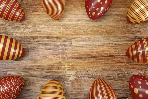 3d render - ten gold, red, painted easter eggs Stock Illustration