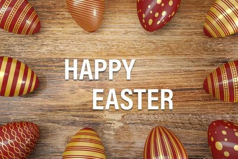 3d render - ten gold, red, painted easter eggs Stock Illustration