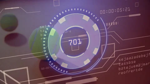3D render tennis ball floating on smooth surface while circular HUD and timer Stock Footage 307457187