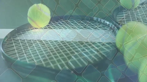 3D render tennis rackets being animated in close-up, with floating balls and Stock Footage 307458598