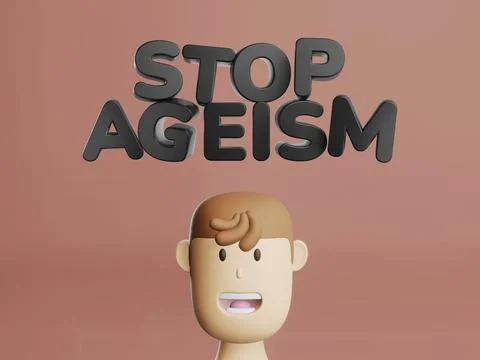 3d render of text Stop ageism and cartoon man head. Social problem of inequality Stock Illustration