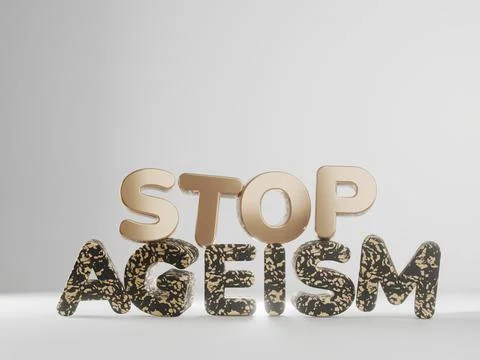 3d render of text stop ageism. Social problem of inequality of ages. Job refusal Stock Illustration