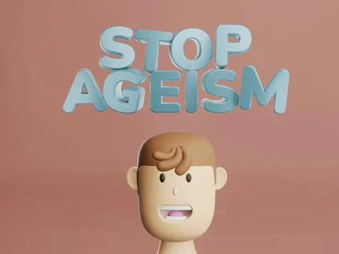3d render of text Stop ageism and cartoon man head. Social problem of inequality Stock Illustration