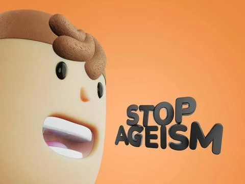 3d render of text Stop ageism and cartoon man head. Social problem of ineq... Stock Photos