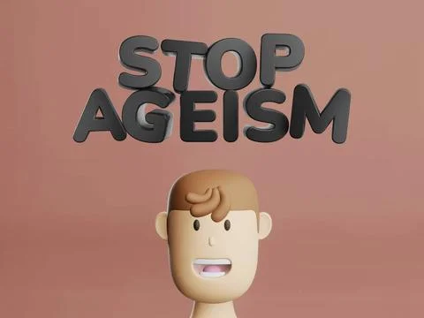 3d render of text Stop ageism and cartoon man head. Social problem of ineq... Stock Photos