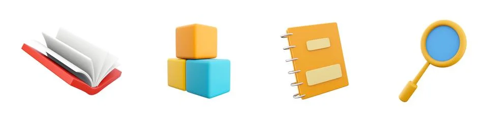 3d render textbook, cubics, notebook, magnifier icon set on white background. 3d Illustrazione stock