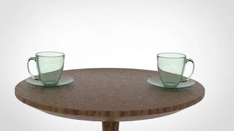 3d render of a textured wooden table top with two set of glass tea cup and plate Stock Illustration