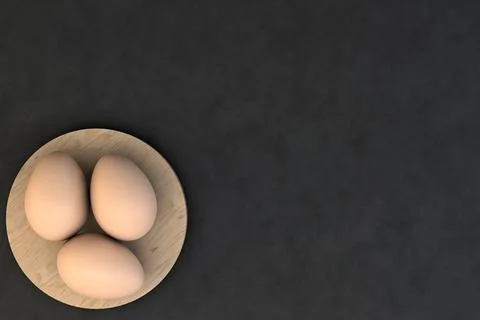 3d render of three chicken eggs on a round wooden board on a black background Stock-Fotos