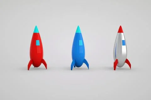 3D render three colored rockets on a white background. Isolated cartoon space Stock Illustration
