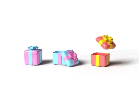 3d render. three gift boxes. Closed and open lids. Isolated Stock Photos