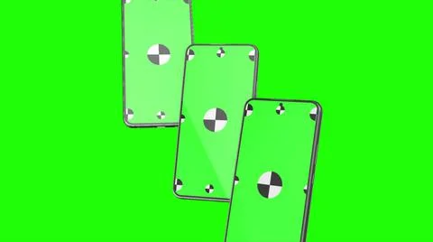 3D render of three smartphone with a green background. Rotating in screen. With Stock Illustration