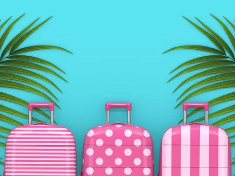3d render of three suitcases lying on palm leaf Fotos de archivo