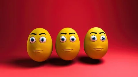 3d render three yellow cartoon character easter egg rabbit on red background Illustrazione stock