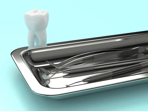 3d render of tooth and dental diagnostic instruments Stock Illustration