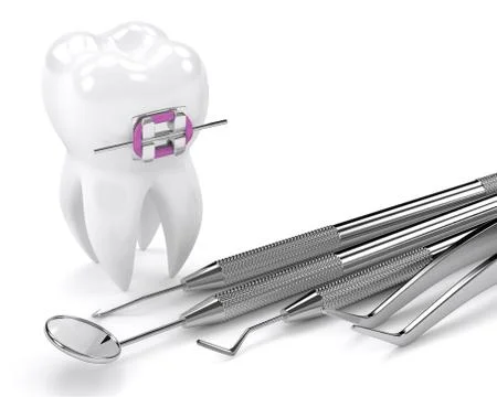 3d render of tooth with braces and dental diagnostic instruments Stock Photos