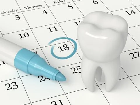 3d render of tooth staying on calendar Stock Photos