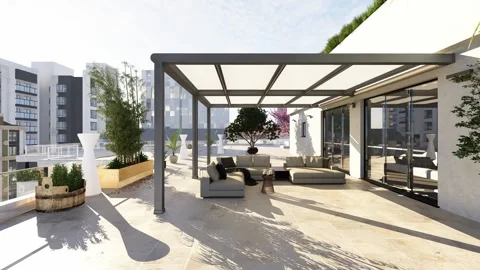 3D render of Top floor apartment patio with horizontal truck shot Stock Footage 274791969