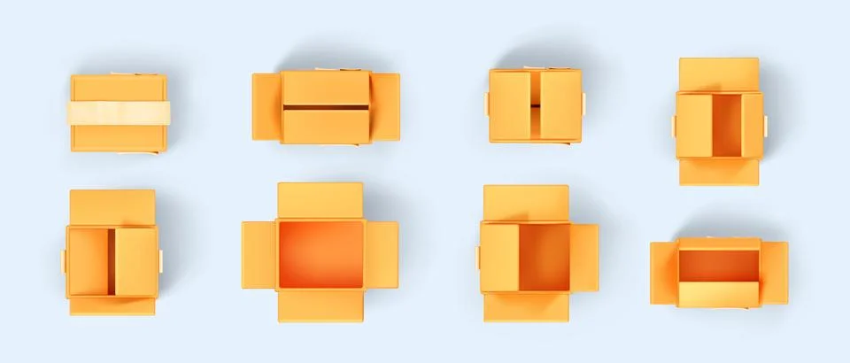 3d render top view isolated empty open box set Stock Illustration
