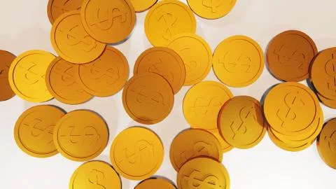 3D Render top view large of gold coins moving with white background Stock Illustration