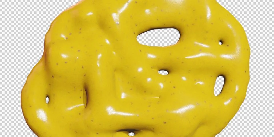 3d render of top view mustard sauce topping spill on transparent background.. Stock Photos