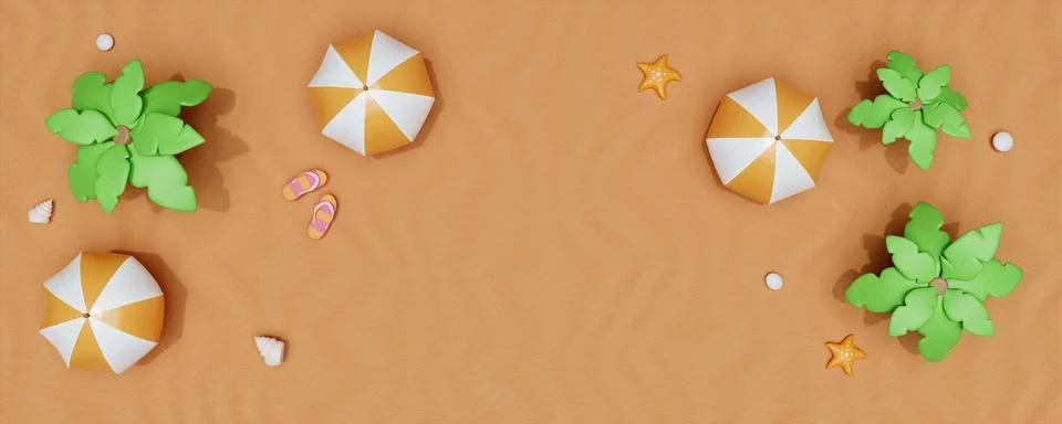 3d render top view. summer beach scene and palm leaves, umbrella. Summer time Stock Illustration