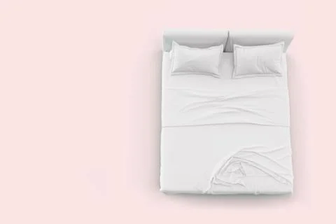 3d render top view of white bed with white pillow cover and white bed sheet a Stock Illustration