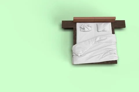 3d render top view of white bed with white pillow cover and white bed sheet a Stock Illustration